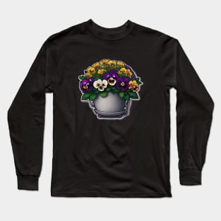 Pansy Flower Leaves Floral Illustration Vintage Long Sleeve T-Shirt